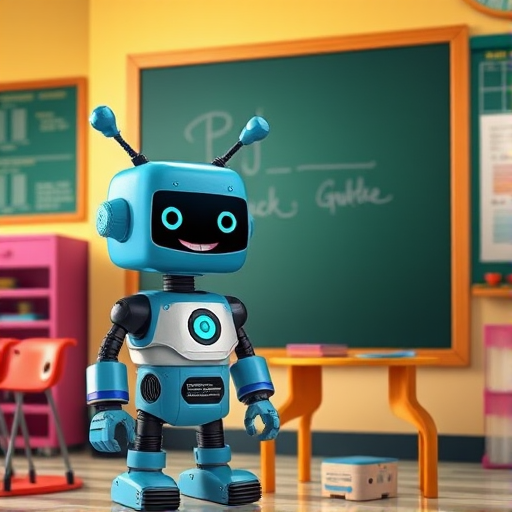 Create an image of a cheerful, cartoonish robot with a blue head and antennae, standing next to a large chalkboard in a bright, colorful classroom setting, using a Canon EOS R5 camera with a 50mm f/1.8 lens at ISO 100, aperture f/2.8, and a warm color profile to enhance image quality.