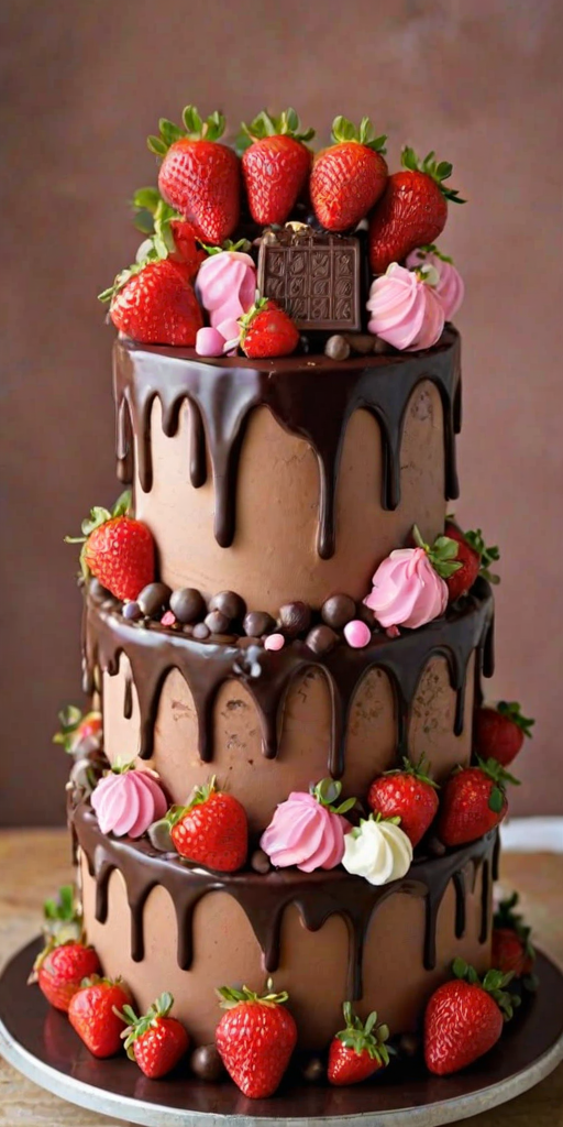 Create a colorful three-tiered cake with layers of chocolate, strawberry, and cream. The top layer should be adorned with strawberries and waffle cones, the middle layer with pink frosting and chocolate pieces, and the bottom layer covered in rich chocolate ganache and chocolate chips. Include fresh strawberries around the base and a festive background.