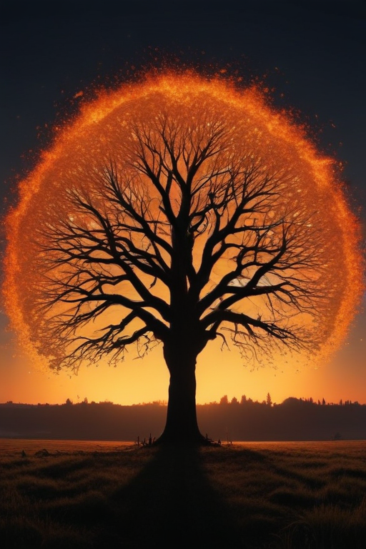 A Majestic Tree Silhouetted Against a Fiery Sunset Background