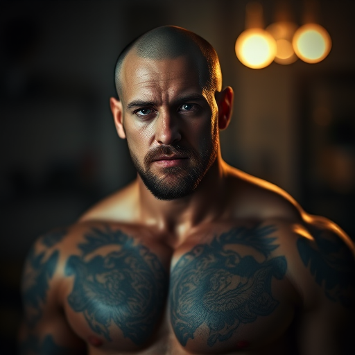 portrait of a muscular man with tattoos, low light setting, soft focus, 50mm lens, f/1.8 aperture, ISO 200, 1/200 sec shutter speed, captured with a DSLR camera