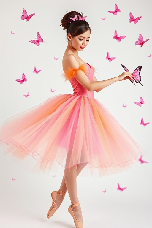 A graceful ballerina in a flowing pink and orange tutu, surrounded by fluttering pink butterflies, set against a soft white background, captured with a DSLR camera at f/1.8, ISO 100, shutter speed 1/200s, portrait mode, natural lighting for enhanced texture and colors.
