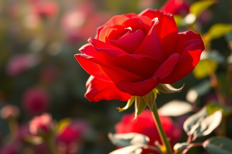 generate an image of a single red rose in full bloom with sunlight illuminating its petals, set against a blurred background of a flower garden, using a DSLR camera with an aperture of f/2.8, a shutter speed of 1/200s, ISO 100, and a 50mm lens for a shallow depth of field and enhanced color vibrancy, capturing a warm golden hour light.