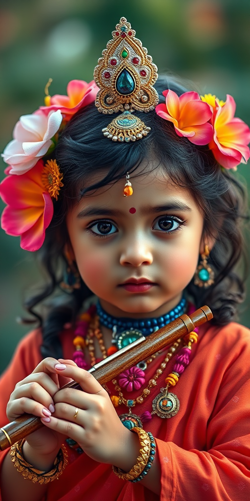 Create a vibrant portrait of a divine child holding a flute, adorned with colorful flowers and jewelry, soft focus, shot with a Canon EOS R5, 50mm lens, f/1.8 aperture, high saturation, natural lighting, and a dreamy background.