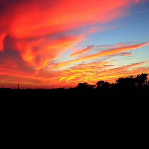 generate a serene landscape at sunset with vibrant red and orange clouds, include silhouetted trees against the horizon, use a DSLR camera with a 24mm lens, aperture f/8, ISO 100, and a wide-angle view to enhance image quality and depth.