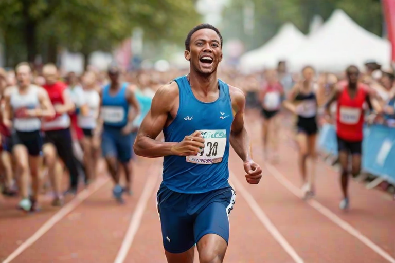 Blurry action shot of a runner sprinting across a finish line, soft focus on the cheering crowd in the background, with the feeling of triumph and determination filling the air.