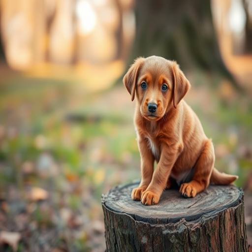 Capture a cute brown puppy sitting on a tree stump in a soft-focus outdoor setting, using a shallow depth of field with an aperture of f/2.8, ISO 200, a shutter speed of 1/200s, shot with a DSLR camera at eye level to enhance the subject's features and texture in natural light.