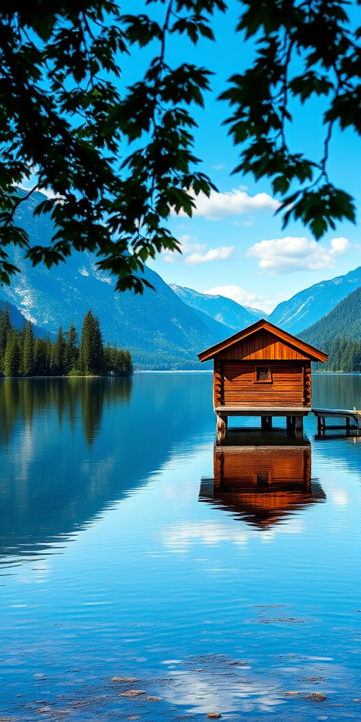 Generate a serene lakeside scene with a wooden boathouse reflecting on calm water, surrounded by lush greenery and mountains in the background, taken with a DSLR camera at f/8, ISO 100, 1/125s, 24mm lens, in natural daylight for vibrant colors and sharp details.