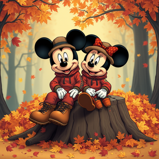 create a cartoon style of Mickey and Minnie wear Fall theme colored sweat suits with timberland boots and Bernie hats sitting together on a big tree stump surrounded by large color pile of raked leaves