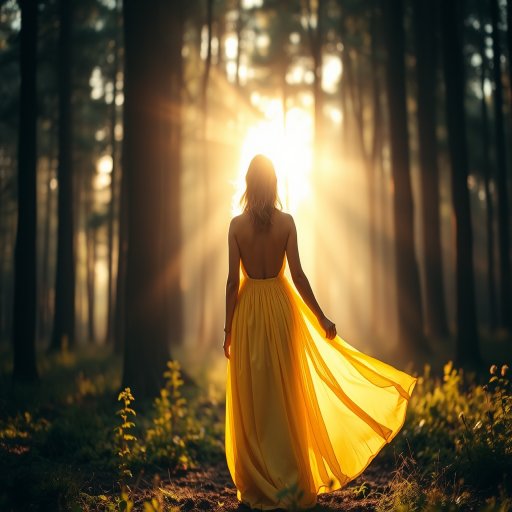 Regenerate a back view of a woman in a flowing yellow dress in a mystical forest, soft golden sunlight filtering through trees, ethereal atmosphere, DSLR camera with 50mm lens, aperture f/1.8, ISO 100, slight vignette effect, focus on the subject, shallow depth of field.