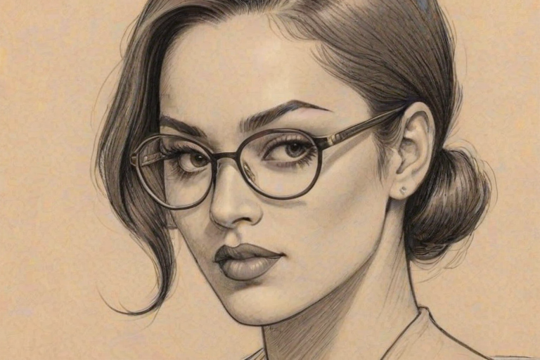 Comely Kitana Kiki Rodriguez, pencil sketch, portrait of Alluring woman 1928s in glasses, hair style beatnik, outline, clear lines, fine lines, 8k