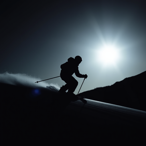Create a high-contrast silhouette of a person skiing, captured from a low angle, using a DSLR camera with a 50mm lens at f/8, ISO 200, and a frame rate of 60 fps for sharpness and detail.