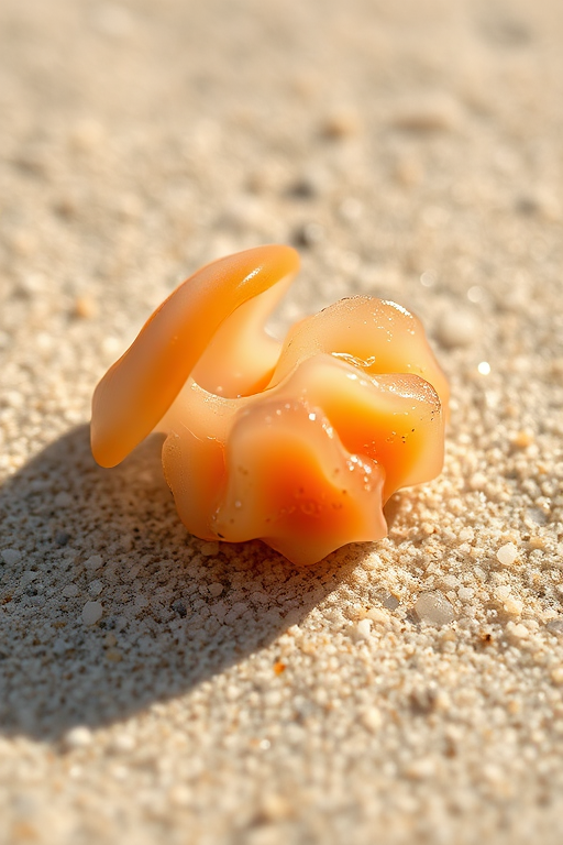 A close-up of a jellyfish resting on sandy beach, natural sunlight, shallow depth of field, aperture f/2.8, shutter speed 1/200 sec, ISO 100, macro lens, shot with a DSLR camera.