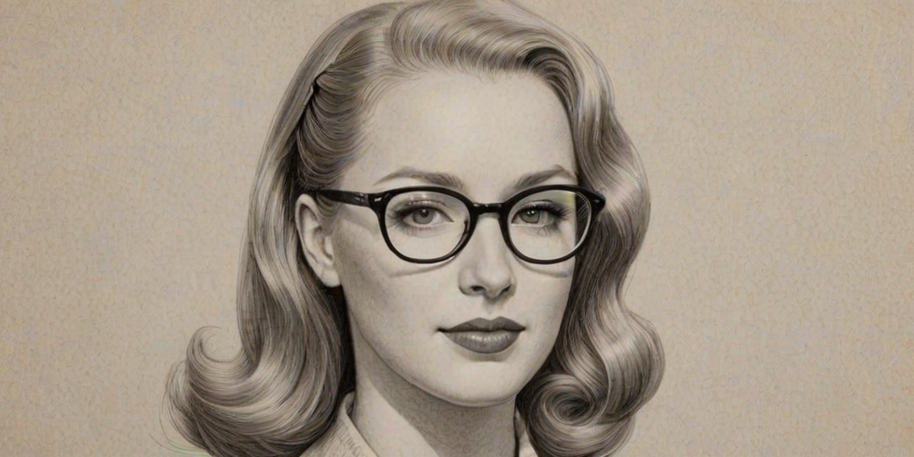 Comely Molly C. Quinn, pencil sketch, portrait of Alluring woman 1949s in glasses, hair style beatnik, outline, clear lines, fine lines, 8k