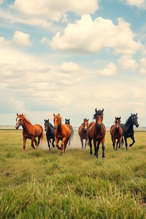 Capture a vivid watercolor painting of a group of galloping horses in a grassy field under a partly cloudy sky, using a DSLR camera at f/8 aperture, 1/250 shutter speed, 50mm lens, daylight setting, and a wide shot perspective.