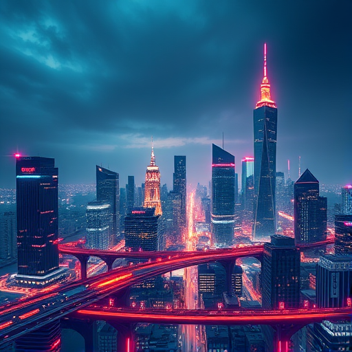 Create a digital artwork of a futuristic city skyline with glowing lines and technology icons, captured with a DSLR camera, f/1.8 aperture, ISO 100, 50mm lens, wide-angle view, with a high dynamic range setting for enhanced color vibrancy.