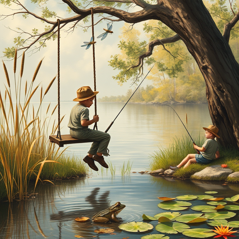 Imagine a small group of old fashioned young boys out fishing by the creek, a swing hanging from a tree branch, reeds and grasses by the water's edge, a frog sitting on a lily pad, dragonflies hovering over som water plans, a very iconic old fashioned scene reminiscent of a Norman Rockwell painting style
