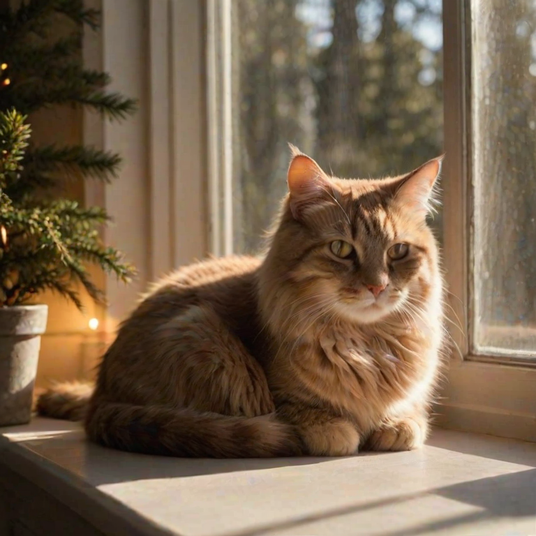 Warm, softly lit photo of a cat curled up on a windowsill, soft glow from the morning sun illuminating its fur, distant tree branches visible through the window, the sound of soft purring filling the room.