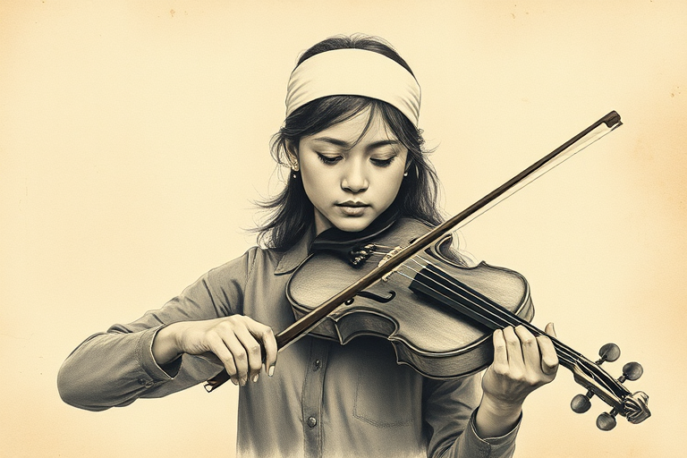 a young Malay woman with a white headband playing a violin, in the style of a charcoal drawing, sepia grunge background