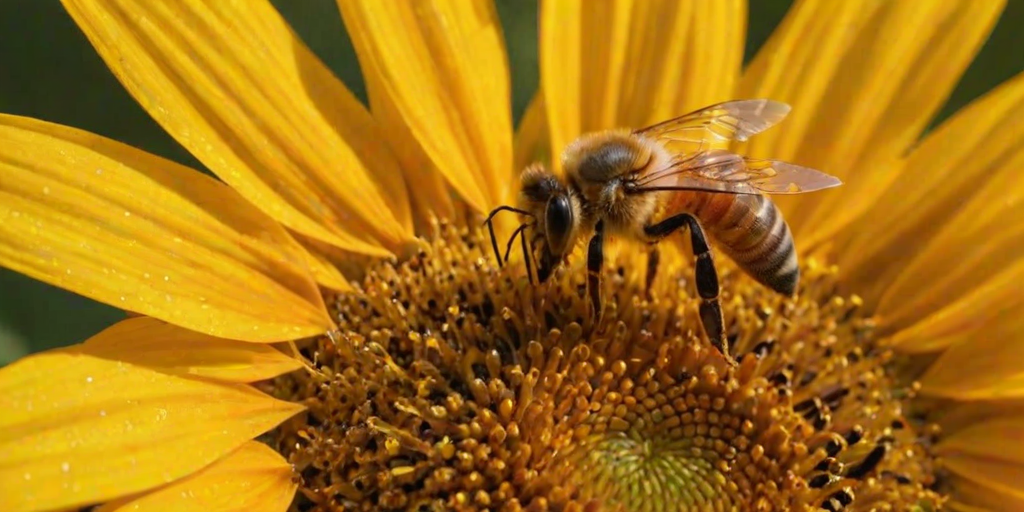 Softly lit, close-up shot of a honeybee collecting pollen from a vibrant sunflower, tiny pollen grains visible on its wings, with the golden petals illuminated by late afternoon sunlight.