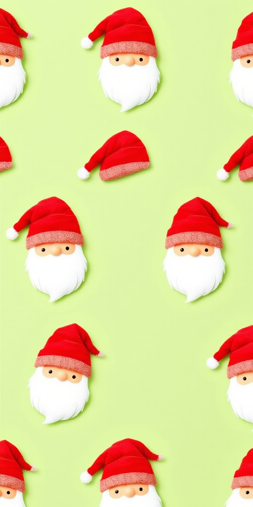 Create a repeating pattern of whimsical Santa figures with red hats and white beards on a soft green background, capturing vibrant colors and sharp details using a DSLR camera at f/8 aperture, ISO 200, 50mm lens, top-down view, and natural daylight for enhanced image quality.