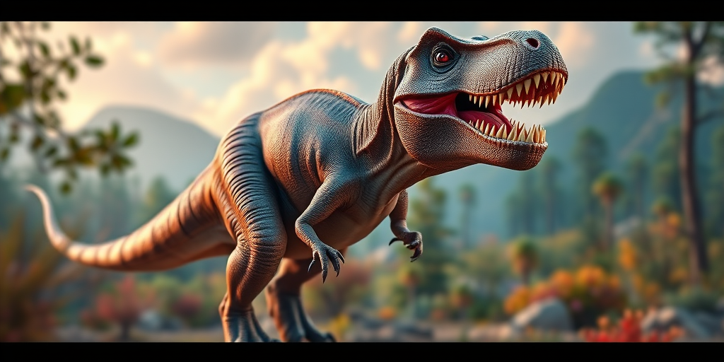 Create a highly detailed 3D rendering of a T-Rex dinosaur in a vibrant prehistoric landscape, using a DSLR camera with a 50mm lens, aperture set to f/1.8, ISO 100, and a shallow depth of field to enhance focus on the dinosaur while softly blurring the background.