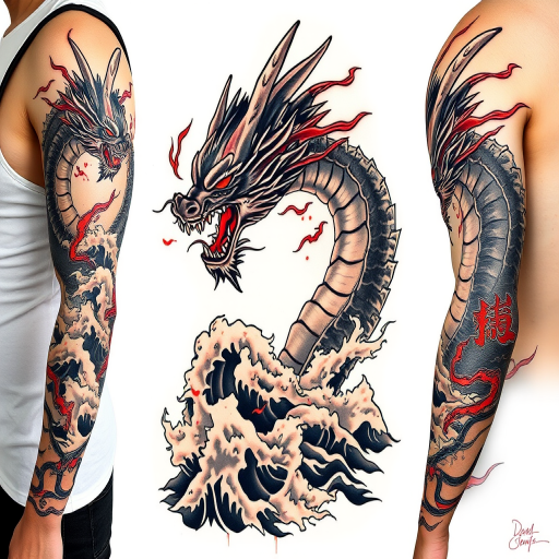 Fierce Japanese-inspired tattoo called "Dragon's Fury" with bold black outlines and vivid red accents depicting a fierce dragon emerging from turbulent waves, symbolizing strength and perseverance as a full sleeve