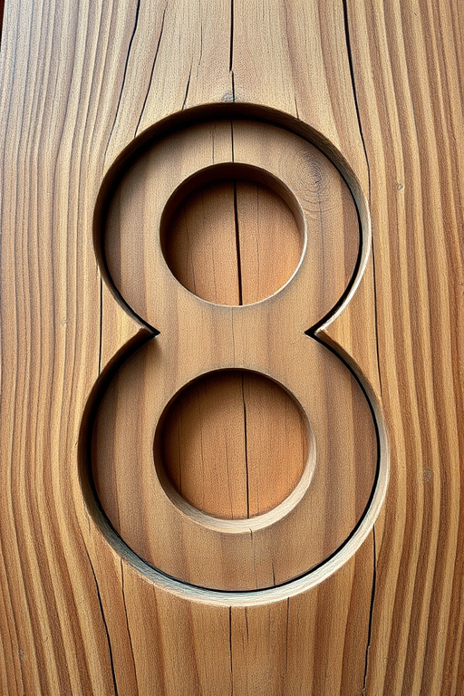 Create an image of the number 8 carved into rustic wooden texture, front view, with a shallow depth of field, using a DSLR camera at f/2.8, ISO 100, and a focal length of 50mm, with natural lighting and high resolution.