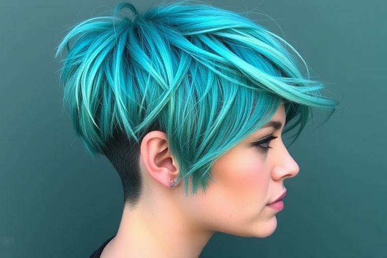 Vibrant teal pixie cut called "Mermaid's Whisper" featuring shimmering highlights and choppy layers, styled with a messy texture and subtle undercut for added edge