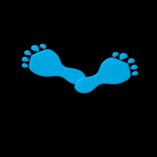 Create an image of two cartoon-like blue footprints on a black background, using a 50mm lens, f/2.8 aperture, ISO 100, shot from a top-down view with a digital camera in vibrant colors for clarity and sharpness.