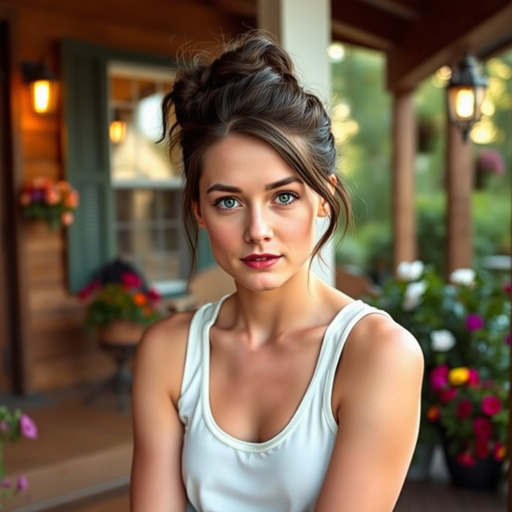 A photo of Saoirse Ronan with a background of a cozy porch. She has dark hair pulled back in an updo, with tendrils framing her face. She wears a white tank top and sits on the porch. The porch is part of a well-lit home with a warm, earthy tone and colorful flowers and foliage. The overall scene has a warm, welcoming, and comfortable ambiance.
