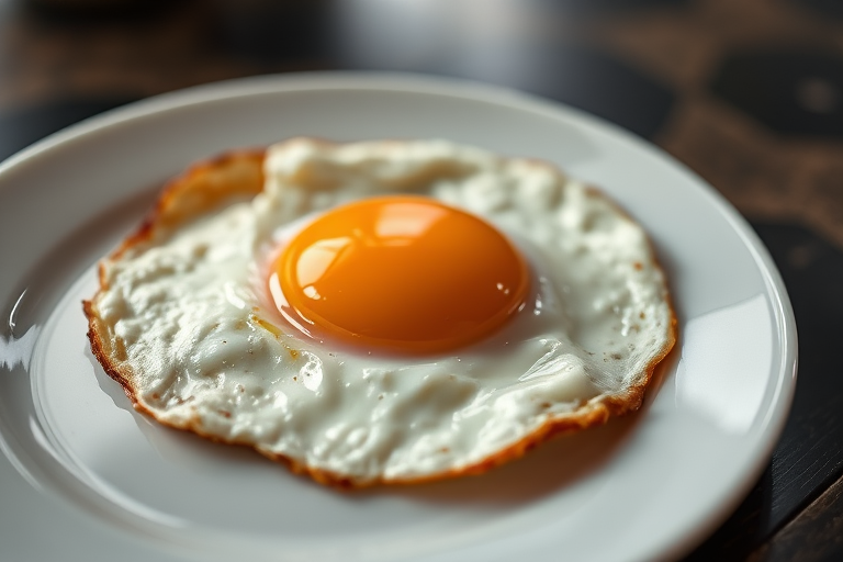 regenerate an image of a fried egg on a white plate with a blurred background, use a DSLR camera with a 50mm lens, settings: f/2.8, ISO 200, and shutter speed 1/100s, focus on the yolk for sharp detail and a vibrant appearance.