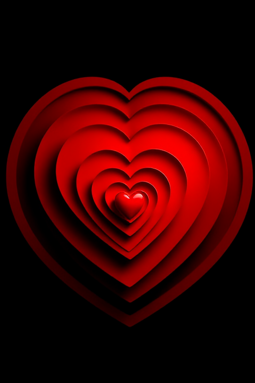 create a vivid illustration of concentric hearts in varying sizes, using a bright red color on a black background, captured with a Canon EOS R5, 50mm lens, f/2.8 aperture, 1/125 sec shutter speed, ISO 100, in a studio setting with soft lighting