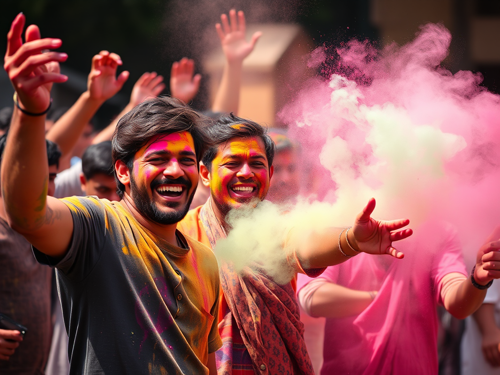 Colorful celebration of Holi with people joyfully throwing colored powders and smoke, capturing vibrant expressions and dynamic movement, shot with a Canon EOS R5, 24mm lens, f/2.8 aperture, ISO 100, 1/500 sec, in bright daylight with a shallow depth of field for a blurred background effect.