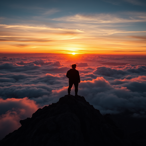 Create an image of a silhouette of a person standing on a mountain peak at sunset, surrounded by clouds, using a Canon EOS R5 camera with a 24mm f/1.4 lens, aperture set to f/8, ISO 100, shot in landscape orientation, with dramatic lighting and vibrant colors.