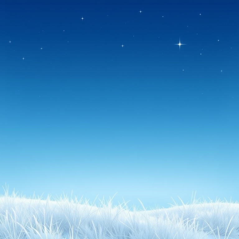 Create a serene winter scene with a gradient sky transitioning from deep blue at the top to a lighter blue near the horizon. Include soft, white grass-like textures at the bottom, with sparkling stars scattered throughout the sky. The overall mood should be calm and peaceful, evoking a sense of tranquility and winter beauty.