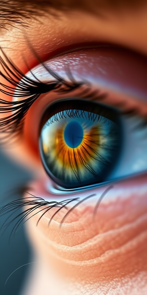 Create a high-resolution image of a close-up eye with intricate detail, using a DSLR camera, 85mm lens, aperture f/1.8, ISO 100, and natural light to enhance colors and textures.