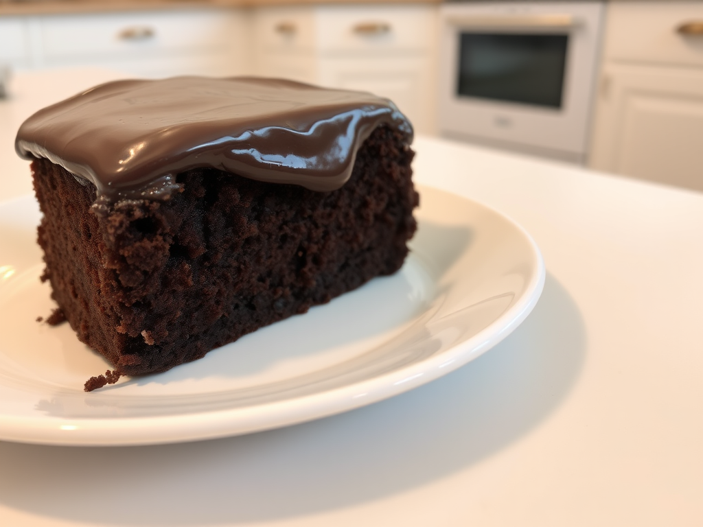 A richly frosted chocolate cake slice on a white plate with a glossy chocolate icing on top, surrounded by a light kitchen setting.
