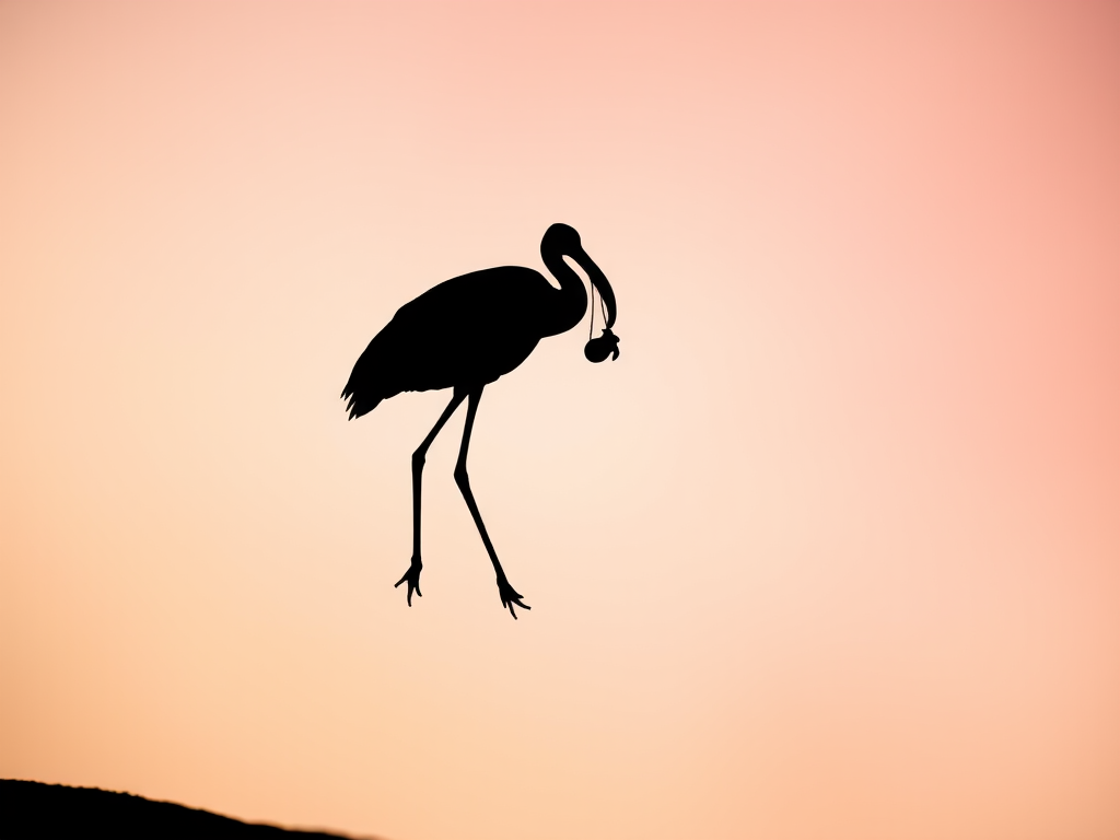 Create a minimalist silhouette image of a stork carrying a baby, background in soft pastel colors, shot with a DSLR camera at f/2.8 aperture, ISO 100, using a 50mm lens for a shallow depth of field and soft focus effect.