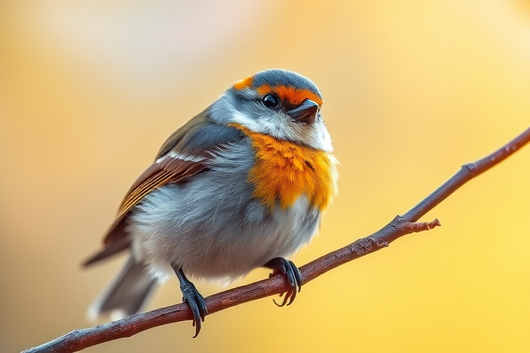 Capture a close-up of a small bird perched on a branch with soft, diffused natural light, using a DSLR camera with a 200mm lens at f/4.0, ISO 100, and 1/500s shutter speed, focusing on vibrant colors and fine feather details.