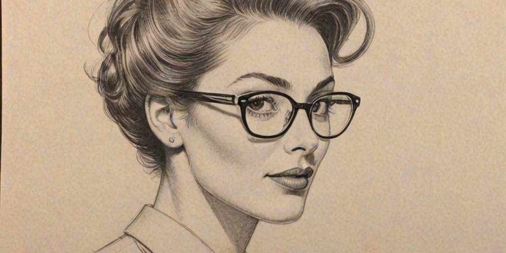Splendid Kat Foster, pencil sketch, portrait of Dazzling woman 1955s in glasses, hair style beatnik, outline, clear lines, fine lines, 8k