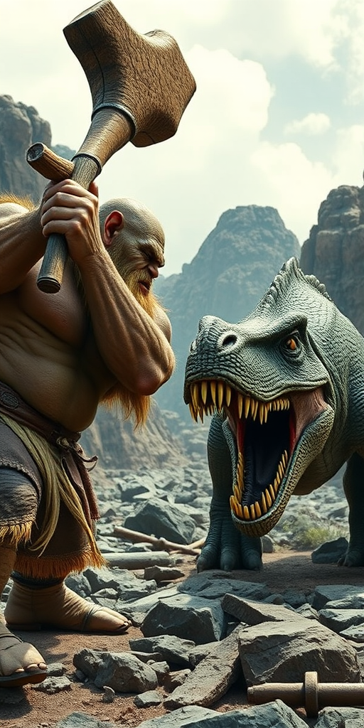 fantasy scene of a muscular ogre holding a large wooden mallet confronting a ferocious dinosaur in a rocky landscape, shot with a DSLR camera at 50mm, f/2.8, ISO 100, in natural lighting to enhance detail and texture