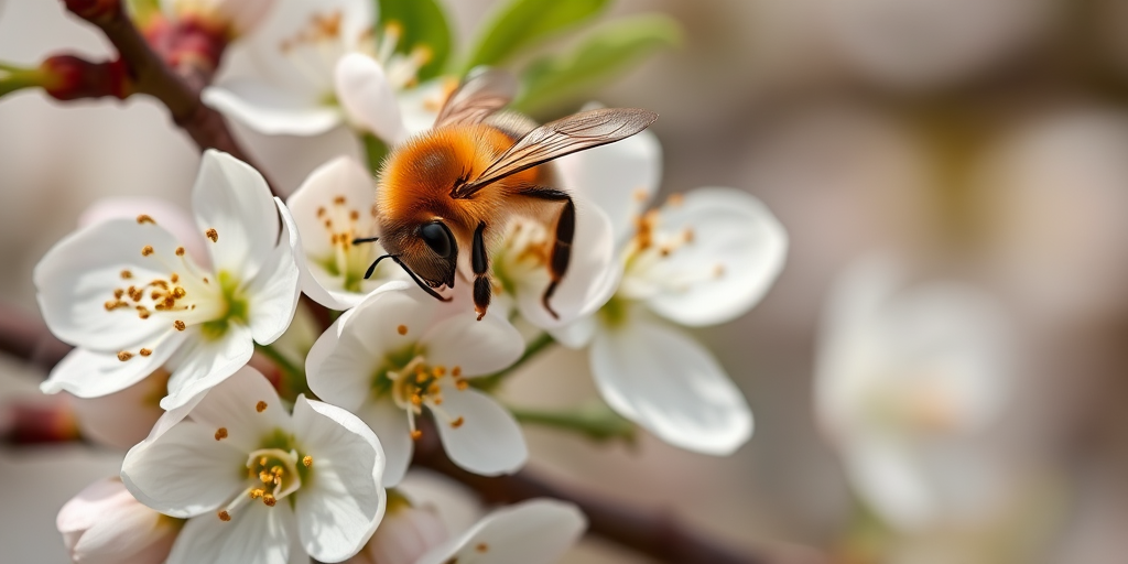 high-resolution close-up of a honeybee on white cherry blossoms with a soft blurred background, aperture f/2.8, shutter speed 1/200s, ISO 100, macro photography, digital SLR camera