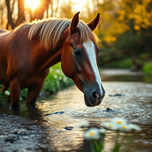 A majestic horse drinking from a clear stream surrounded by daisies, golden sunlight streaming through trees, soft focus background, captured with a Canon EOS 5D Mark IV, 50mm lens, aperture f/1.8, ISO 100, vibrant colors and high dynamic range.