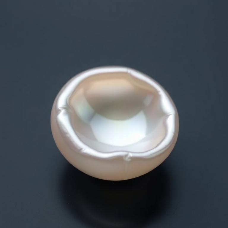 Create a high-resolution image of a translucent pearl with a smooth surface and soft reflections, using a macro lens at f/2.8 aperture, ISO 100, 1/200s shutter speed, with a well-lit softbox setup for even lighting, viewed from a slightly elevated angle to capture its luster and depth.