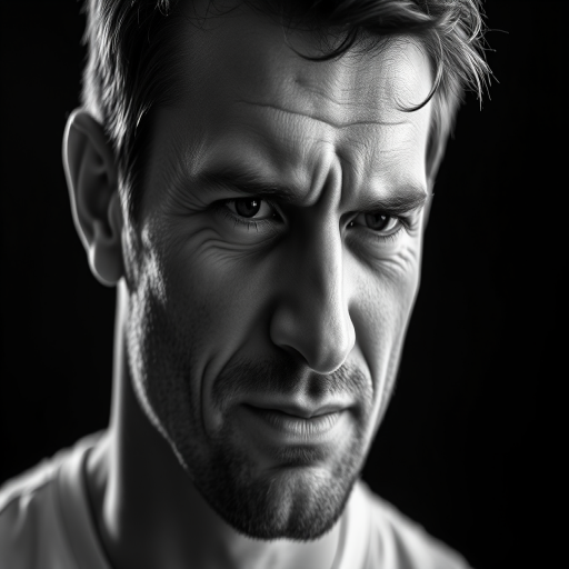 Create a high-contrast black and white portrait of a man with a strong emotional expression, side profile, using a 50mm lens, f/1.8 aperture, ISO 200, shutter speed 1/200s, with soft lighting to enhance facial details and texture.