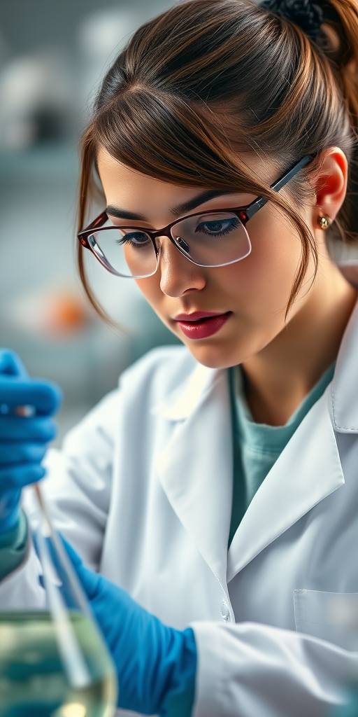 a focused female scientist in a lab coat and blue gloves conducting an experiment with a glass flask, high-resolution, 50mm lens, f/2.8 aperture, soft lighting, ISO 100, shallow depth of field, taken from a close-up view