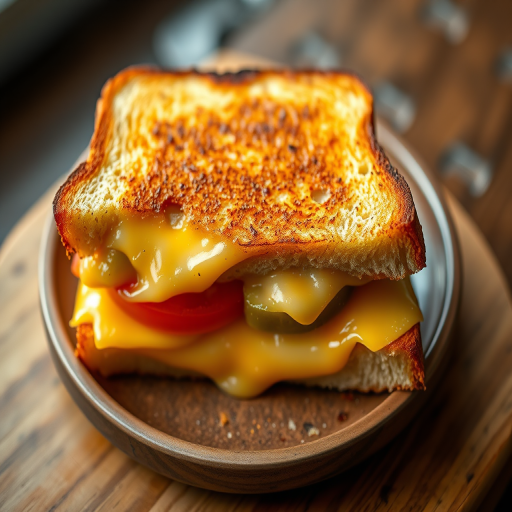 high-resolution image of a delicious grilled cheese sandwich with melting cheese, fresh tomatoes, and pickles, shot with a Canon EOS R5, 50mm lens, aperture f/2.8, soft natural lighting, overhead view, shallow depth of field, vibrant colors and textures enhanced.