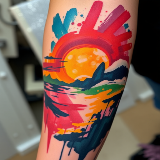 Abstract expressionist tattoo piece titled "Emotional Landscape" using bold brushstrokes and vivid colors to create a non-representational design that evokes strong emotions and personal interpretations