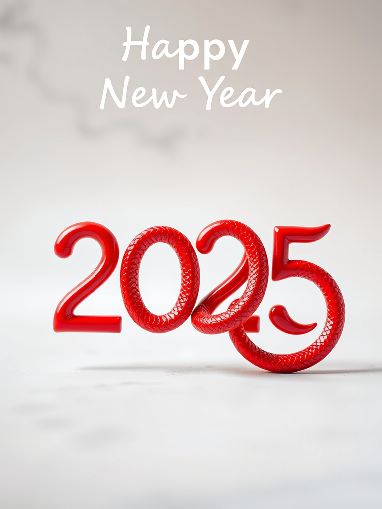 Create an artistic New Year greeting featuring the year 2025 with a stylized red snake intertwined through the numbers, using a minimalist design, shot with a DSLR camera at f/2.8, ISO 100, 50mm lens, natural light, and a soft focus background for enhanced clarity and vibrancy.