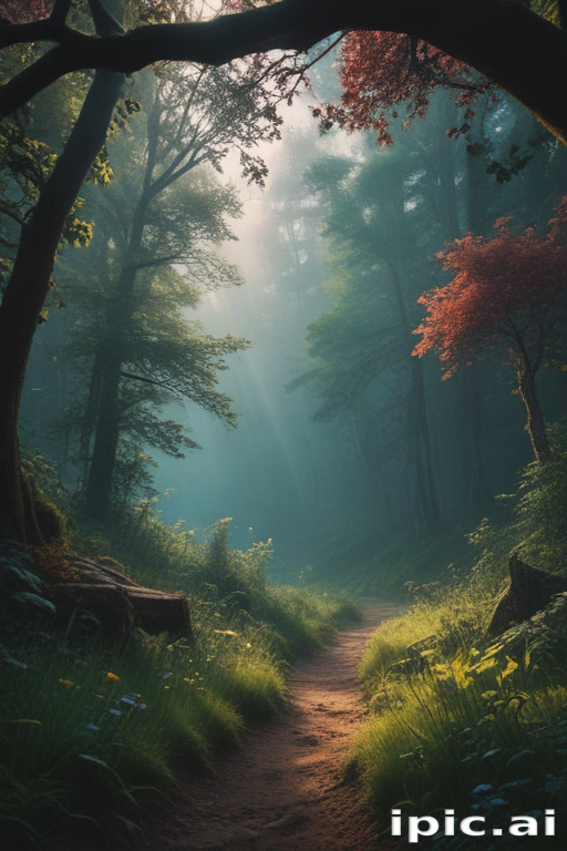Enchanting Forest Pathway Bathed in Soft Morning Light and Mist